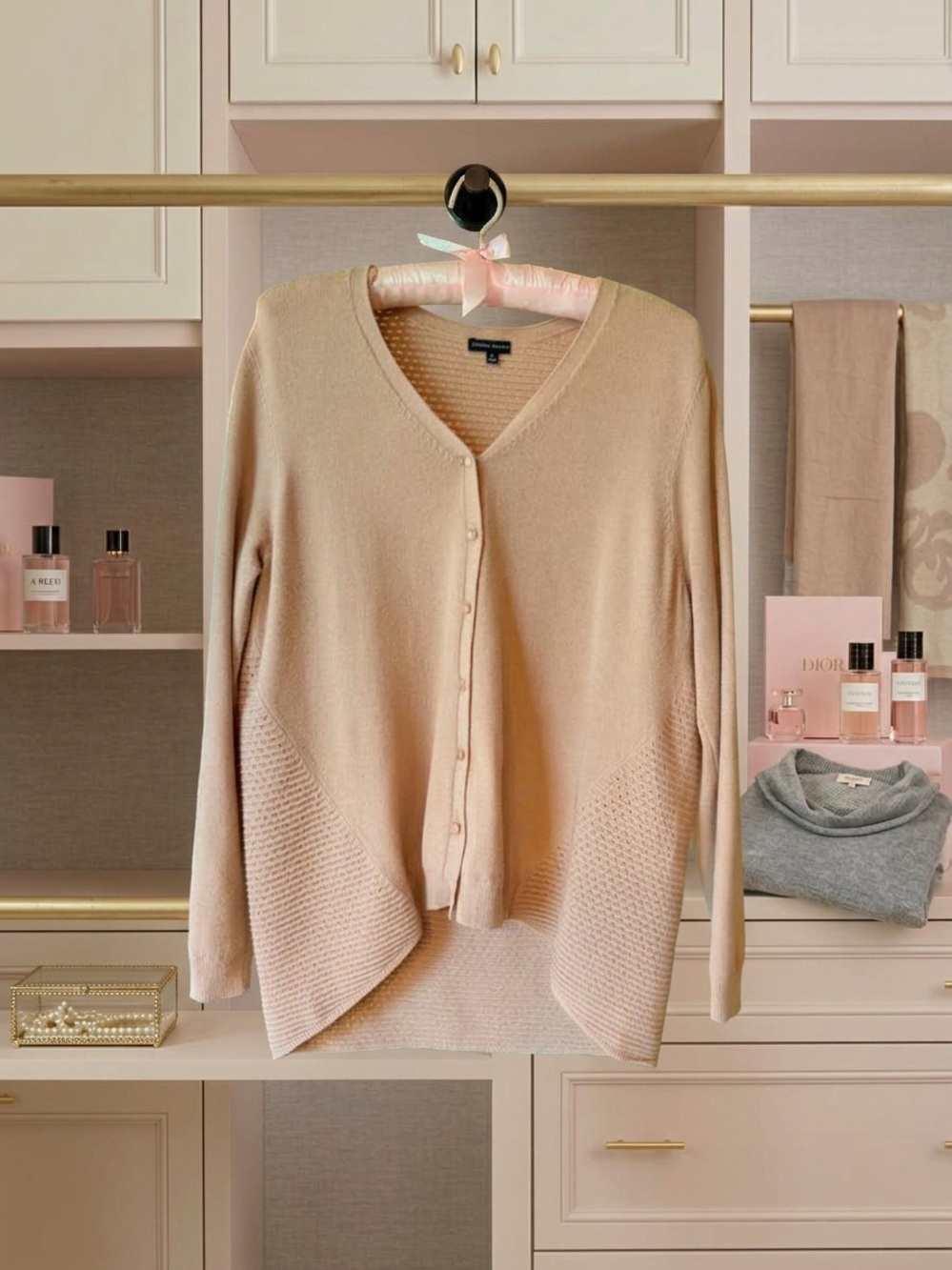 Rebecca Elliot Peach Pointelle Open Knit High Low Cardigan Sweater Small-EUC